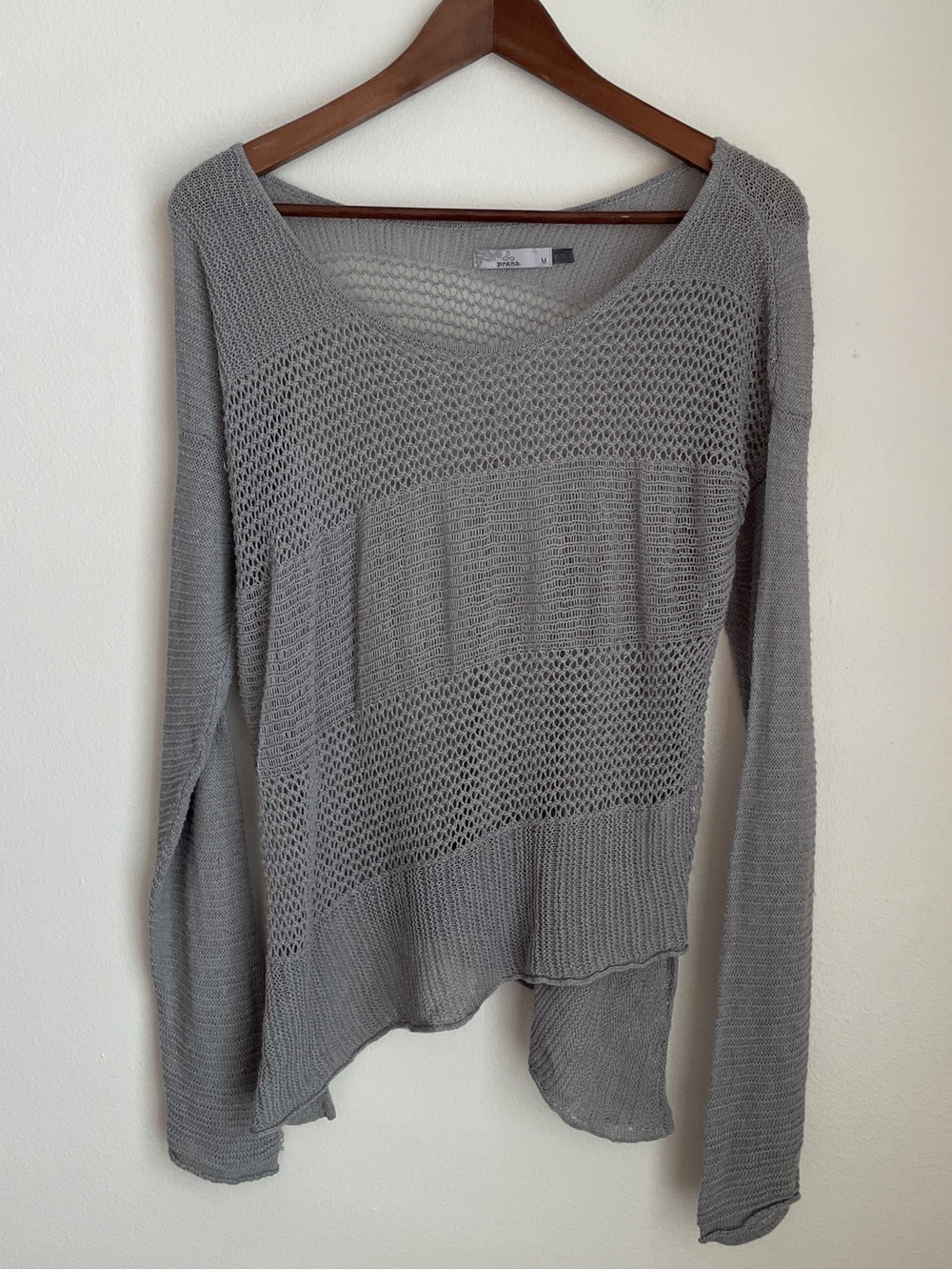 PrAna Sweater Open Knit V-Neck Gray Asymmetric Hem Mesh Panel Granola Gorpcore